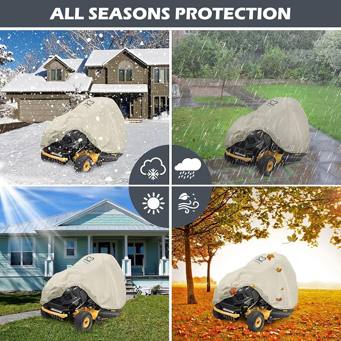 Riding Lawn Mower Cover, Heavy Duty 600D Lawnmower Covers Waterproof Outdoor Lawn Tractor Cover Tarp All Weather Ride on Mower Covers Universal Fit Decks up to 54" with Elastic Cord & Storage Bag