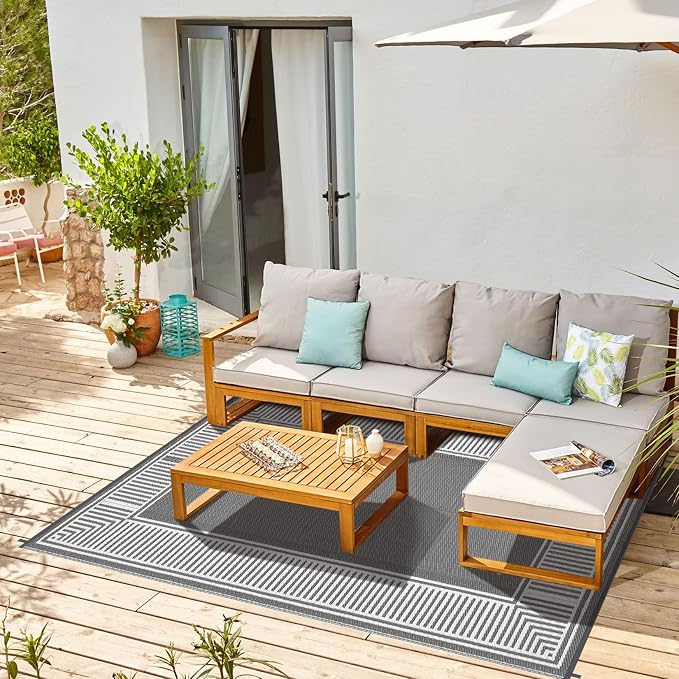 Waterproof Plastic Straw Outdoor Rug 9x18 Patio Reversible UV Resistant Foldable Camping Carpet Modern Striped Large Outdoor Rugs for Deck, Picnic, Porch, Camper, Balcony, Beach，Grey/White
