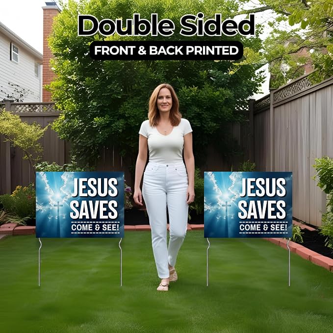 Jesus Savves - Come & See! Yard Sign by DC | 24"x18" Double Sided Church Garden Sign with 13” Metal Stakes | Outdoor Signs Waterproof for Lawn, Patio, Sidewalk & House | Set of 2 | Made in USA