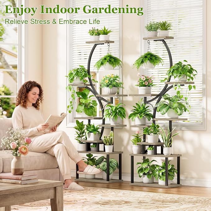 BACEKOLL Plant Stand Indoor with Grow Light - 2 Pack Tall Indoor Plant Shelf, 62" Corner Plant Holder, 8 Tiered Large S-Shape Flower Multiple Display Shelf for Home, Grey