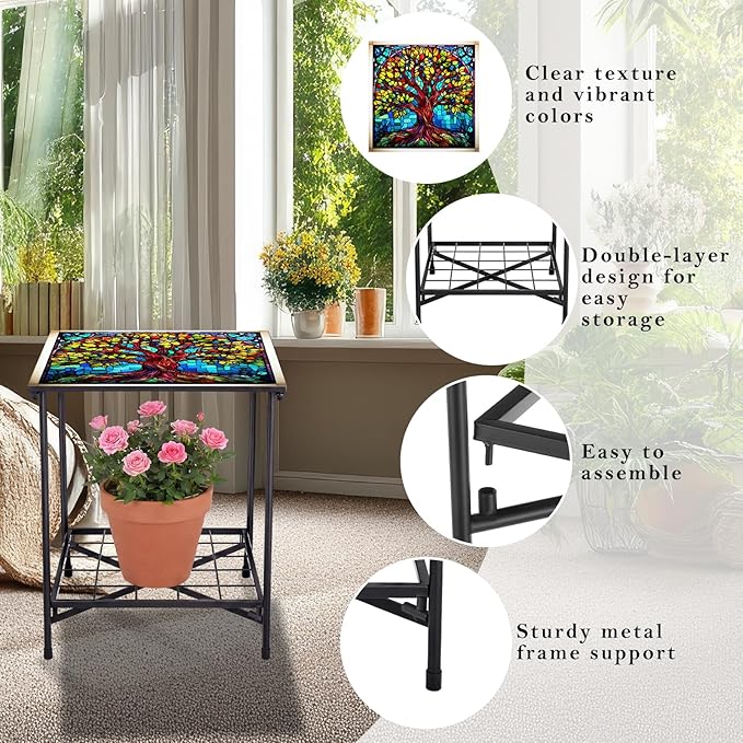 Cinnvoice Outdoor Side Table 2-Tier Storage Square Small Mosaic Patio Accent Indoor End Plant Coffee Tea Table for Yard Patio Porch Garden Living Room, Bedroom(Tree of Life Style)