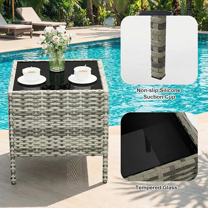 GarveeHome 3-Piece Patio Bistro Set, PE Rattan Outdoor Conversation Furniture with 2 Cushioned Chairs & Coffee Table, Weather-Resistant for Backyard, Balcony, Porch (Blue Cushion)