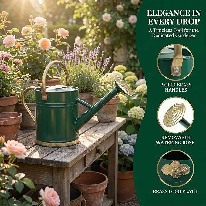 1 Gallon Green Metal Watering Can with Solid Brass Details, Removable Watering Rose, Decorative Garden Can for Indoor Plants, Patio and Greenhouse