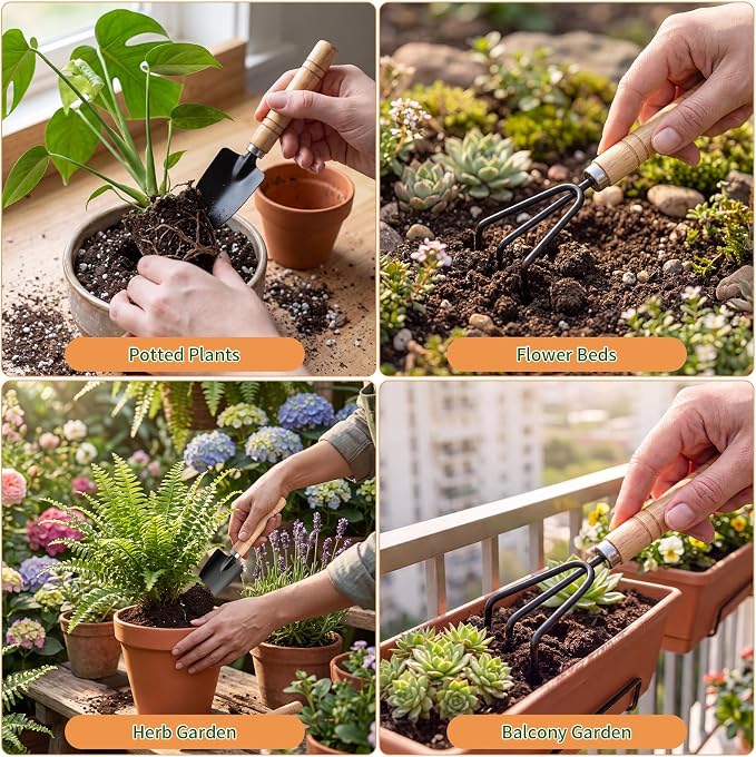 3 Pcs Mini Garden Tool Set with Small Trowel, Mini Shovel & Hand Rake | Iron Gardening Hand Tools with Wood Handle, Potting & Transplanting Tool Kit for Houseplants, Succulents, Herbs & Flowers