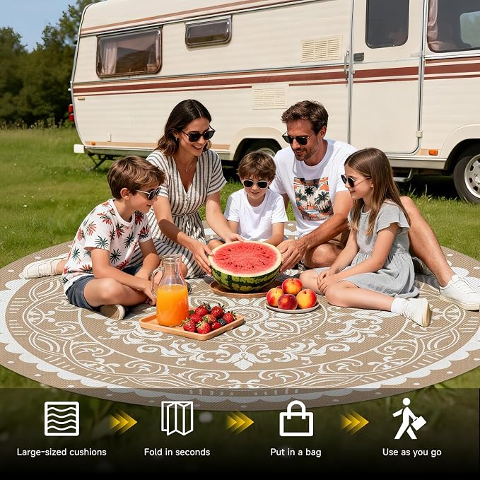 Pauwer Waterproof Outdoor Rug 8ft, Reversible Plastic Straw Patio Camping Rug, Indoor Outdoor RV Mat Carpet for Deck, Camper, Porch, Balcony, Backyard, Picnic, Paisley Brown