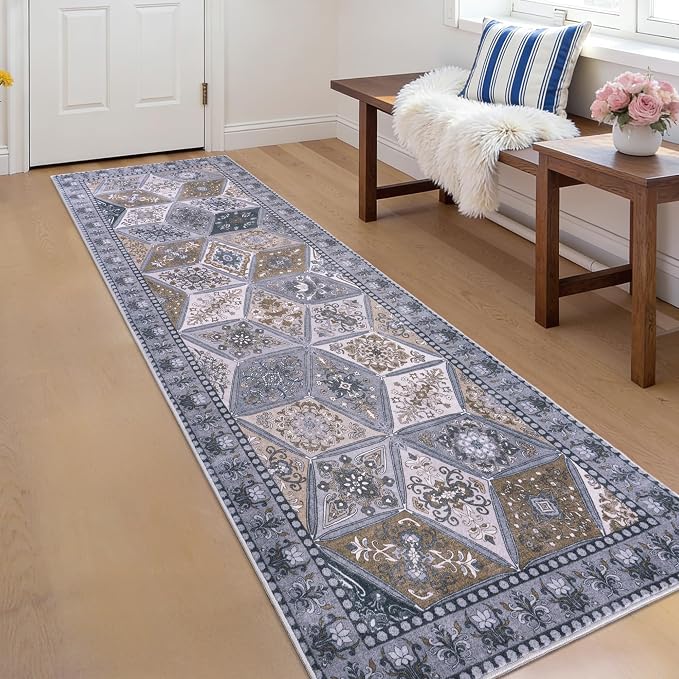 Moroccan Vintage Distressed Boho Geometric Dark Grey 2x6 Runner Rug | Washable Non Slip Throw Floor Long Carpet Runner for Hallway Entryway Kitchen Bathroom Bedroom Livingroom Light Grey