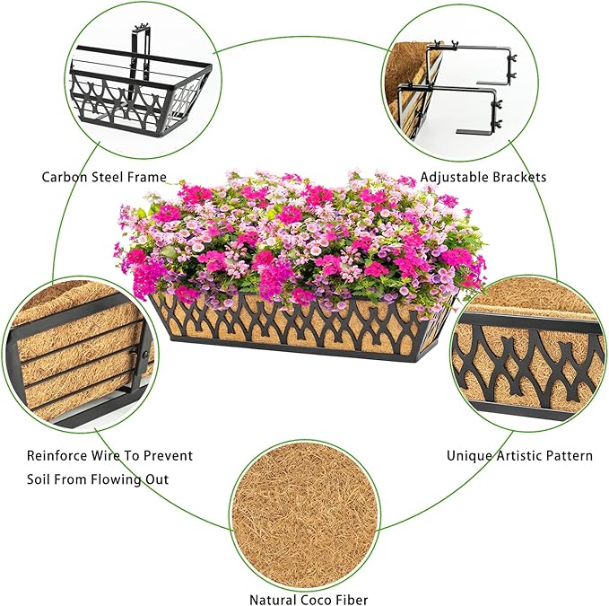 2 Pack 24 Inch Window Boxes Planters Railing Planter Box with Adjustable Brackets for Porch Fence Patio Balcony Hanging Flower Baskets with Coco Liners for Outdoor Garden Décor - Black