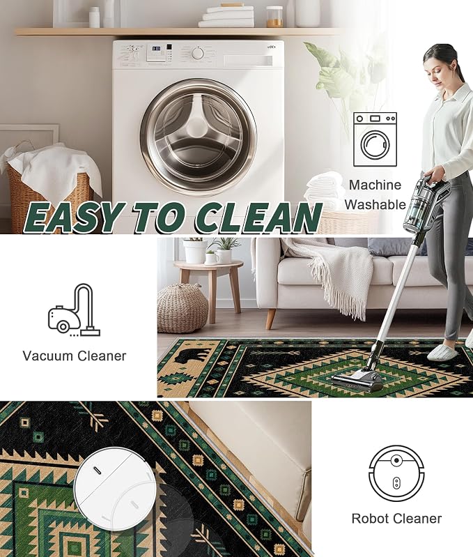 Southwestern Rug 4x6 - Native American Bear Cabin Area Rugs for Bedroom Living Room, Rustic Ethic Machine Washable | Non-Slip | Low Pile Carpets, Aztec Home Decor (Green Tan Black)