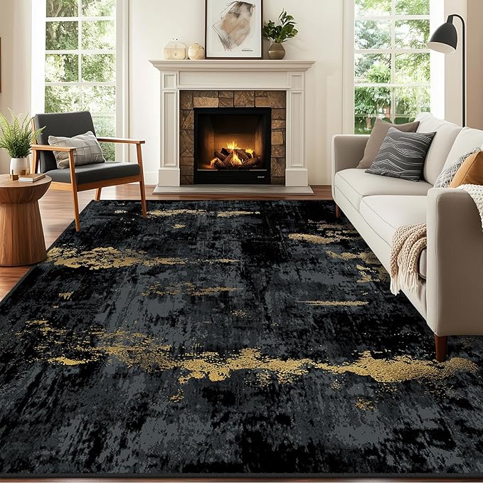 RELEANY Washable 6'x9' Abstract Area Rug for Living Room Black Gold | Carpet for Bedroom, Kitchen, Office, Hallway and Entryway, Printed Pattern, Non‑Slip, Soft, Stain‑Resistant, Easy to Clean