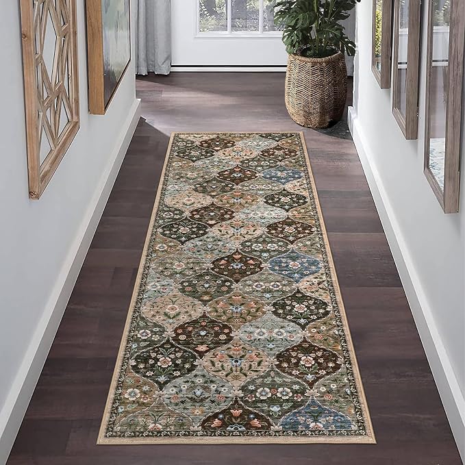 ROYHOME Runner Rug Trellis Floral Washable Hallway Runner Rug 2' x 6' | Stain Resistant Non-Slip Distressed Floral Runner Entrance Carpet for Bedroom Laundry Kitchen Entryway, Taupe/Brown