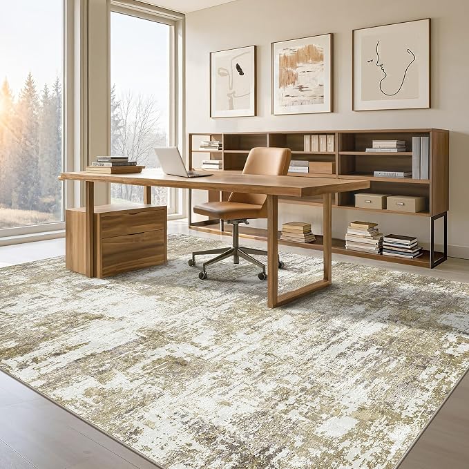 Tortania Area Rug Living Room Rugs - 7x9 Modern Abstract Neutral Large Soft Thin Rugs - Non Slip Indoor Carpet for Bedroom Dining Room Office Nursery Home Floor Decoration - Golden Brown