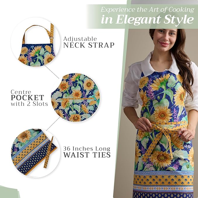 Maison d' Hermine Aprons for women with Pocket 100% Cotton (27.50"x31.50") | Adjustable Neck Strap & long ties Apron Men Chef Wedding Cooking Gardening Server Maid