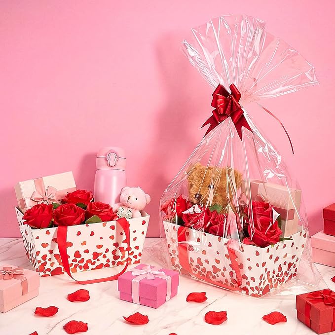 Qinyoung 12 Pack Valentine's Day Baskets for Gifts Empty Love Heart Gift Basket with Handles, Pull Bows, Cellophane Bags and Twist Ties for Valentine Party Favor Supplies, 9.8 x 6.5 Inch