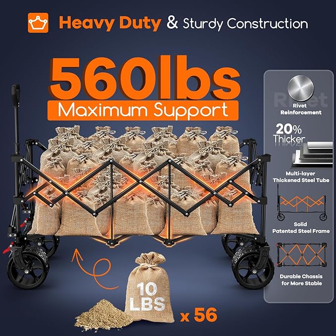 Originsure 48" L Collapsible Wagon Cart Foldable, 560lbs Weight Capacity 300L Heavy Duty Folding Beach Wagons with Big All-Terrain Wheels, Utility Carts for Groceries, Camping, Sports - Black