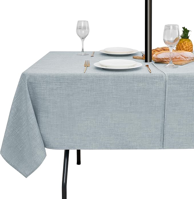 LUSHVIDA Outdoor Tablecloth with Umbrella Hole - Patio Table Cloth Zippered Rectangle 60x84 Inch, Light Gray Linen-Look Polyester Table Cover Water Resistant for Picnic Outside