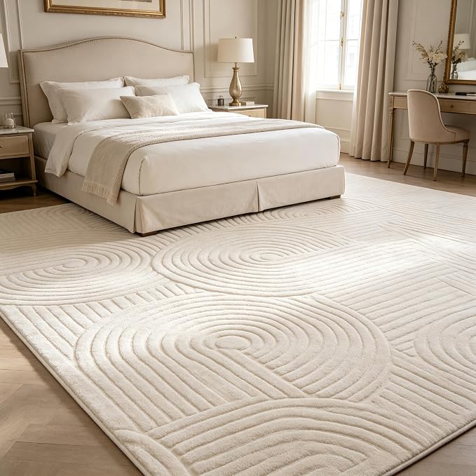 Beige Geometric 8x10 Solid Area Rug, Washable Living Room Rug | Ultra Soft Boho Pattern Minimalist Non-Slip Carpet, 8'x10' Rugs for Bedroom, Kids Room, Nursery, Apartment, Home Office