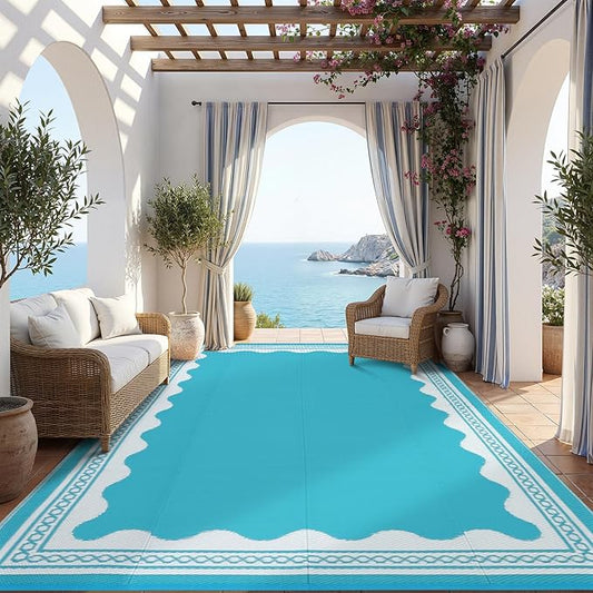 Garvee Outdoor Rug 9x12 Scalloped Waterproof Patio RV Outdoor Rugs Reversible Foldable Plastic Straw Rug Modern Camping Carpet for Deck Camper Porch Balcony Backyard Picnic Beach Light Blue