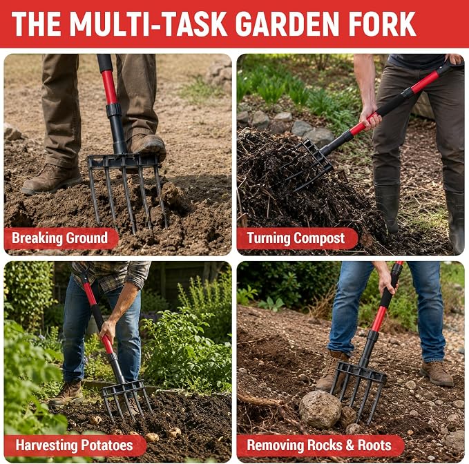 Garden Fork, 43 Inch Pitch Fork with Fiberglass Handle & Foot Bracket, Heavy Duty 5-Tine Pitchfork for Gardening, Breaking up Dirt, Loosening Soil, Digging Potatoes, Turning Compost, Mulching, Weeding