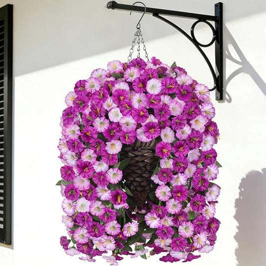 Artificial Fake Flowers Plants Hanging Baskets Outdoor Outside Spring Decor, Faux Silk Light Fuchsia and Fuchsia UV Resistant Look Real Morning Glory Home Patio Porch Balcony Decoration