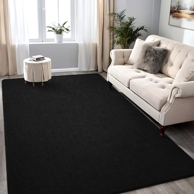 5x7 Black Area Rug Modern Aesthetic Minimalist | Washable Memory Foam, Low Pile Non Slip Indoor Carpet for Living Room Bedroom Office Classroom College Dorm Room Home Decor