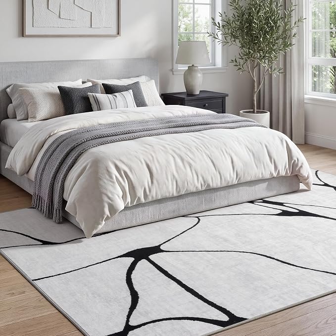 5x7 Washable Modern Abstract Black White Area Rug | Ultra-Thin Low Pile, Non-Slip TPE Backing, Soft Stain Resistant, Machine Washable, for Bedroom Livingroom High Traffic