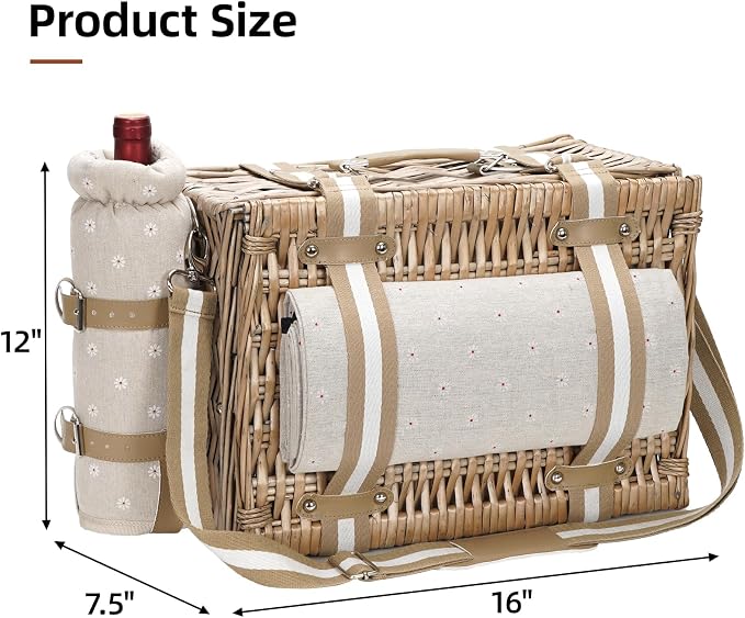 G GOOD GAIN 31Pcs Picnic Basket for 4 - Wicker Picnic Set with Waterproof Blanket & Wine Bag| Large Picnic Hamper with Insulated Cooler & Cutlery Kit for Couples Camping,White Flower,16x12x7.5inch