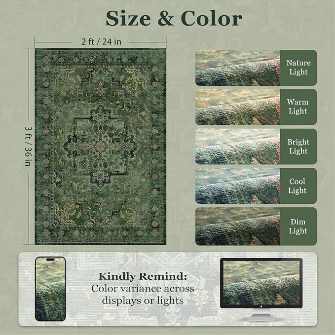 Tranditional Dark Green 2x3 Kitchen Rugs Washable Non Slip, Vintage Boho Distressed Medallion Door Mat Indoor Entrance Entryway, Small Low Pile Rugs for Bedroom/Bathroom Vanity/Laundry Room