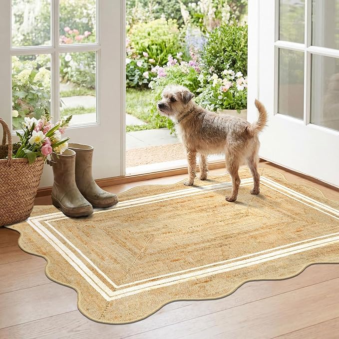 Boho Scalloped Outdoor Rug, 28"x43" Front Door Mat Indoor Entrance | Non-Slip Washable Outdoor Mat Jute-Look Neutral Farmhouse Rugs for Entryway Kitchen Bedroom Layered Doormat for Front Porch