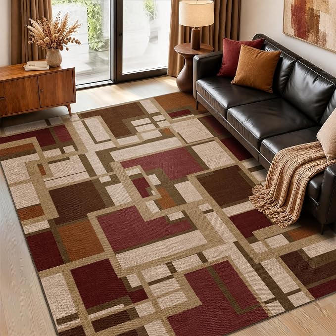 Pionblank Modern Geometric Area Rugs for Bedroom, Red Brown 4x6 Rug | Contemporary Patchwork Blocks Indoor Carpet for Living Room Dining Room Office| Soft Low-Pile Floor Rug| Abstract| Non-Slip