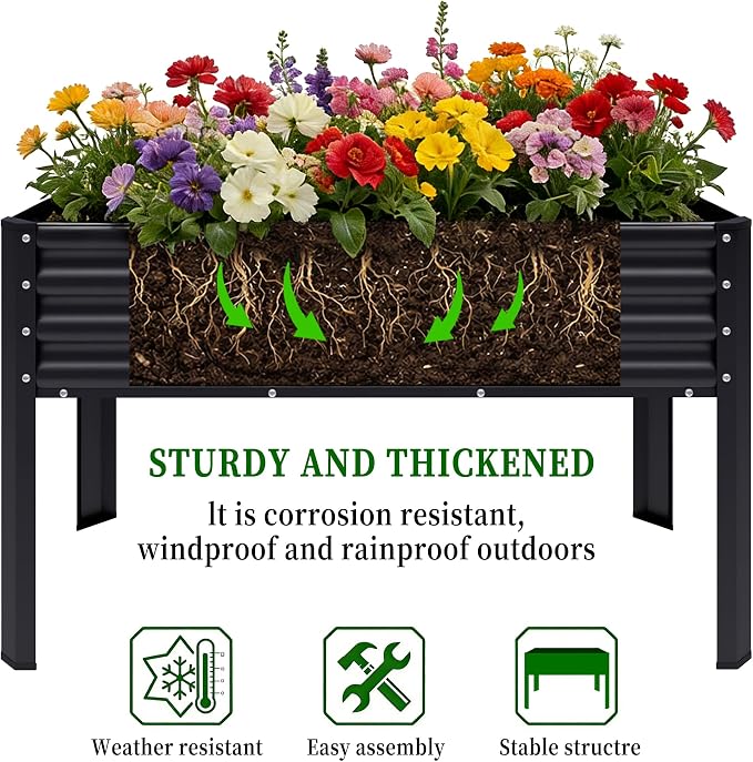 2Pcs Galvanized Raised Garden Bed with Legs, 43×24×32in Large Metal Elevated Raised Planter Box with Drainage Holes for Backyard, Patio, Balcony, 400lb Capacity,Black
