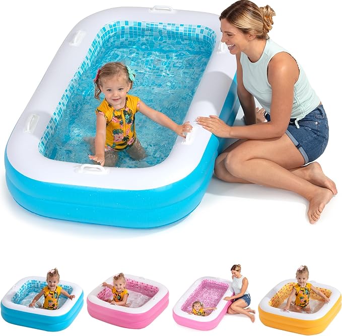 3-in-1 Premium Inflatable Kiddie Pool, Ball Pit & Tanning Pool, Soft Cushioned Floor, Handles, Drain, Shallow Rectangular Blow Up Swimming Pool for Kids, Small Backyard Tanning Pool - 65"x39"x10"