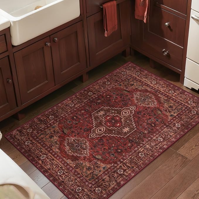 Tangsoo Red 2x3 Washable Entryway Rugs, Oriental Non Slip Small Area Rug | Boho Indoor Front Door Rug, Vintage Door Mat Indoor Entrance Soft Low Pile Throw Rugs for Entry Kitchen Living Room Dark Red