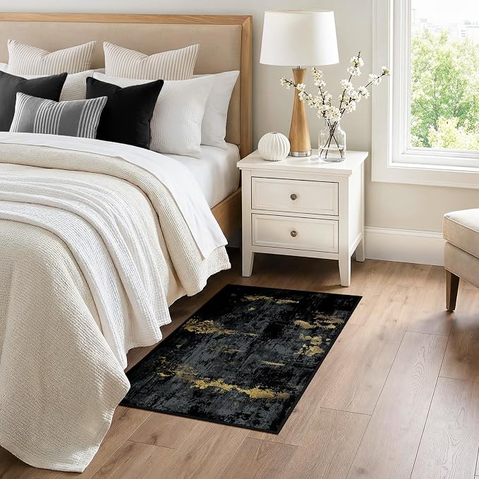 RELEANY Washable 3'x4' Abstract Area Rug for Living Room Black Gold | Carpet for Bedroom, Kitchen, Office, Hallway and Entryway, Printed Pattern, Non‑Slip, Soft, Stain‑Resistant, Easy to Clean