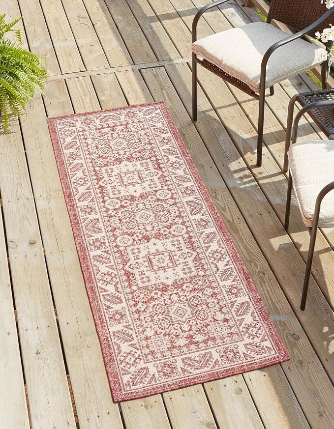 Unique Loom Outdoor Aztec Collection Area Rug - Chalca (2' x 6' 1" Runner, Rust Red/ Ivory)