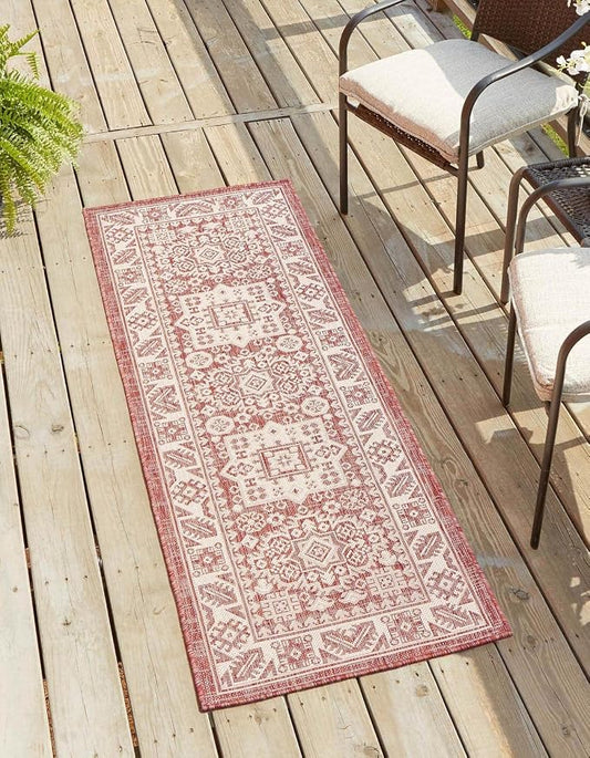 Unique Loom Outdoor Aztec Collection Area Rug - Chalca (2' x 6' 1" Runner, Rust Red/ Ivory)