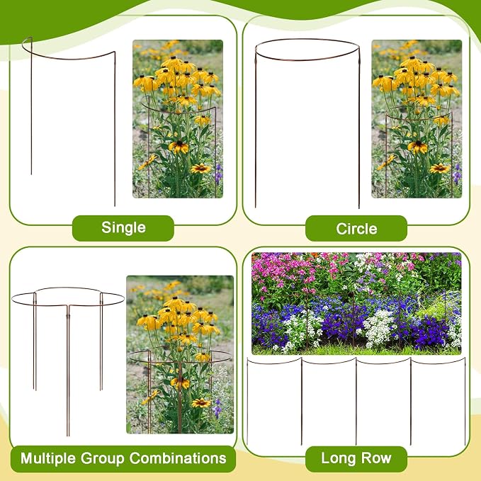 Vercraft 4 Pack 18 x 35 Inch Half Round Plant Support Stakes 1/4 Inch Heavy Duty Rustproof Metal Plant Cage, Weather Resistant Half Circle Garden Border Rings for Peony Hydrangea Rose Outdoor Flowers