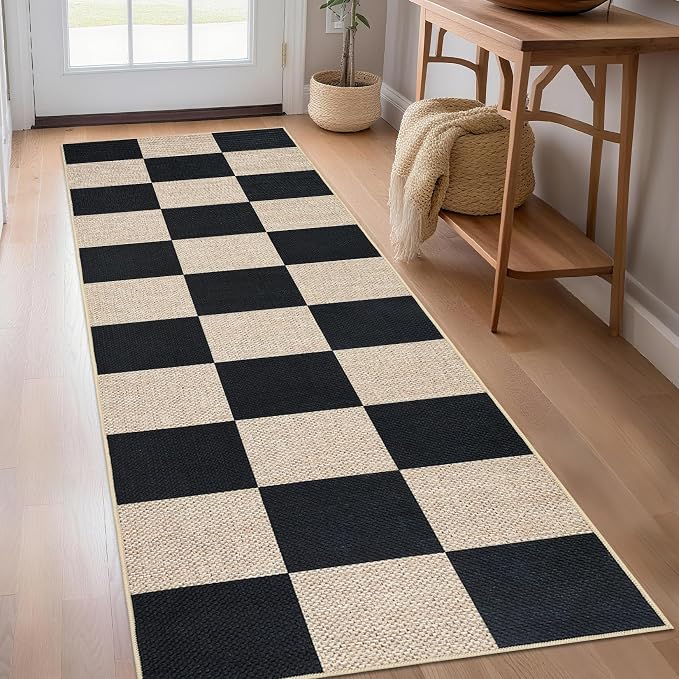 Garvee 2x6 Runner Rug Kitchen Rugs Washable Easy Jute Rug, Black/Beige | Modern Checkered Rug Hallway Runner Rug Stain Resistant Easy Cleaning Non Shedding Floor Cover for Laundry Entryway