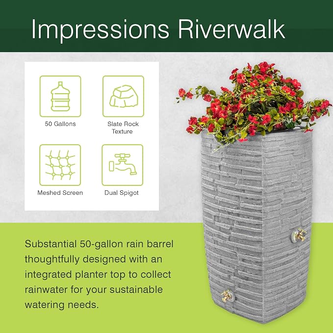 Good Ideas Impressions Riverwalk Rain Water Collection Barrel, Dark Granite, 50 Gallon - Faux Slate Rock Rainwater Catcher, Plastic Storage Drum with Dual Robust Metal Spigots & Fine Mesh Screen
