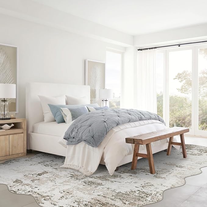ROYHOME 9x12 Modern Abstract Scalloped Accent Rug, Taupe | Non Slip Stain Resistant Throw Rug Low Pile Machine Washable Indoor Floor Cover for Living Room Bedroom Office Home Decor