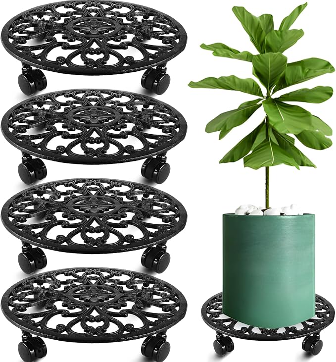 4 Packs 14 Inch Rolling Plant Stand with Wheels Metal Plant Caddy with Wheels Heavy Duty Round Plant Stand Indoor Iron Plants Rollers for Plants, Plant Dolly
