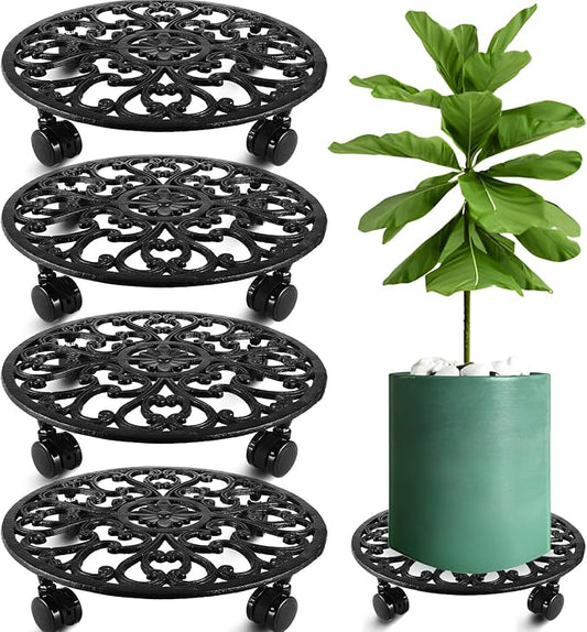 4 Packs 14 Inch Rolling Plant Stand with Wheels Metal Plant Caddy with Wheels Heavy Duty Round Plant Stand Indoor Iron Plants Rollers for Plants, Plant Dolly