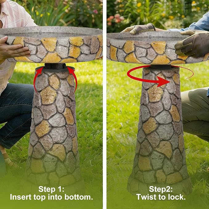 SKYFIRE 24" H Outdoor Bird Bath, Concrete Freestanding Pedestal Birdbath, Rustic Faux Stone Bird Bath Bowl for Garden, Patio, Yard, Lawn - 18.8" Dia. x 24" H Weather Resistant Garden Decoration
