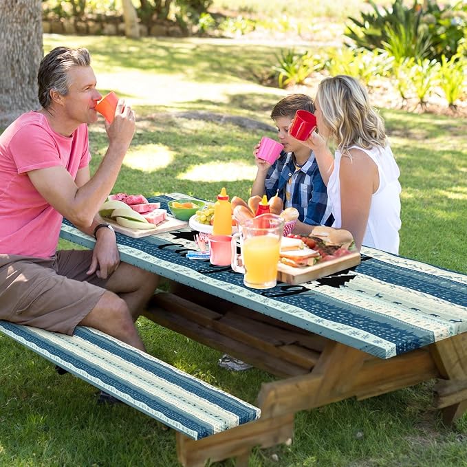Picnic Table Cover with Bench Covers Elastic Edges, Forest Camper Fitted Table Cover, Outdoor Camping Essentials 72 Inch 3PCS, Waterproof Camping Fitted Tablecloth with Drawstring Bag