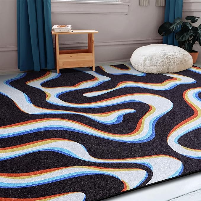 Trippy Abstract 3x5 Area Rug Non Slip Ultra Thin Flatweave Funky Aesthetic Wavy Stripes Swirl Throw Rug Colorful Black White, Retro Cool Cute Washable Carpet for Kitchen Entryway Bedroom