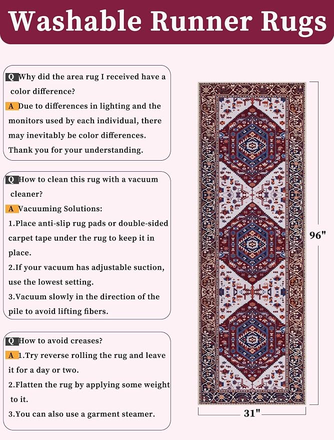 SERISSA 2'6"x8' Washable Non Slip Boho Runner Rug for Hallway | Ultra Soft Vintage Oriental Carpet Low-Pile Burgundy Navy Floor Carpet for Kitchen Bedroom Bathroom Laundry Room