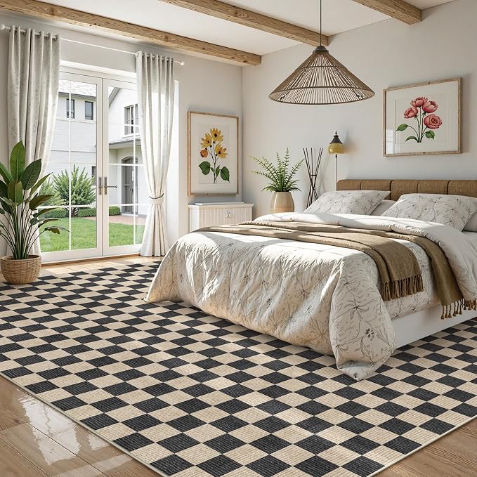 LIVEBOX 10x14 Area Rugs for Living Room, Checkered Non-Slip Washable Rugs, Farmhouse Neutral Classic Geometric Pattern Large Boys Area Rug for Bedroom, Carpet for Dining Room Office (Black,10'x14')