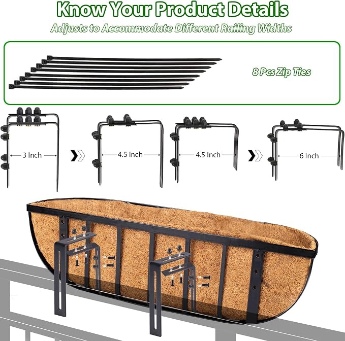 LCHUANG Railing Planter Window Box - 2 Pack 24 Inch Deck Balcony Rail Planter with Coconut Coir Liner, Fence Metal Hanging Flower Basket Deck Railing Planter Boxes for Outdoor Garden