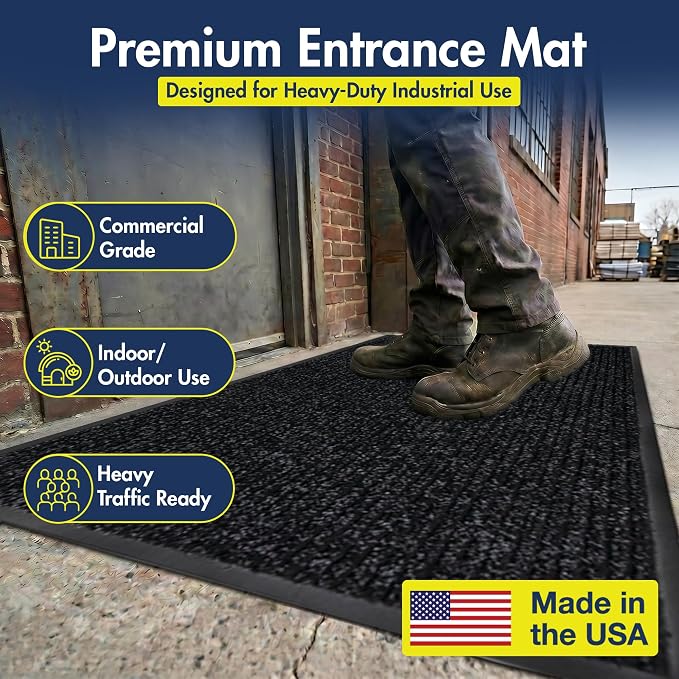 Notrax 109 Industrial Door Mat, 3' x 5' Entrance Mat, Heavy Duty Commercial Rugs for Entryway, Welcome Lobbies, Garage, and Mudroom, Made in the USA, Charcoal Black, Brush Step 109S0035CH