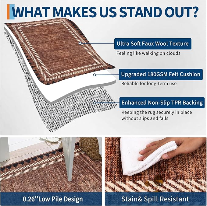 GarveeHome Modern Geometric Runner Rug 2x6 Washable Hallway Runner Rugs Brown Unique Bordered Neutral Bathroom Rug Non Slip, Non Shedding Kitchen Mat, Soft Low Pile Neutral Carpet for Laundry