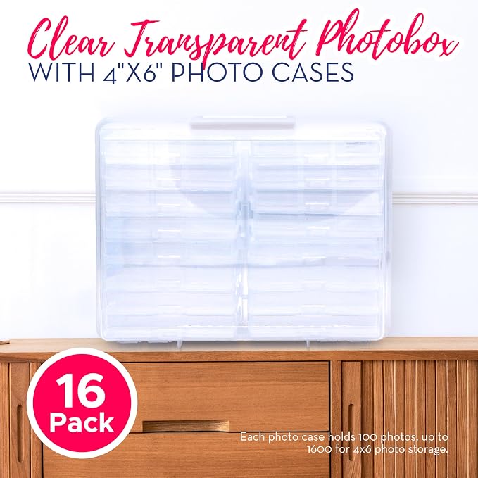 4E's Novelty 16 Pack Clear Transparent Photo Storage Box with 4x6 Photo Cases and Photo Organizing Box Plastic for Scrapbooking Containers, Classroom Organization
